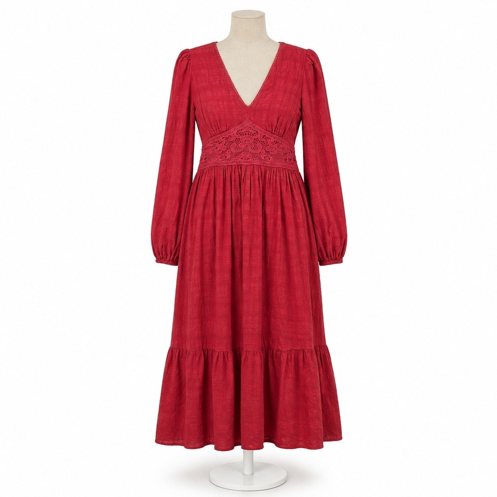 100% Cotton Crochet Lace Maxi Peasant Dress Size M Red Long Sleeve Cottagecore